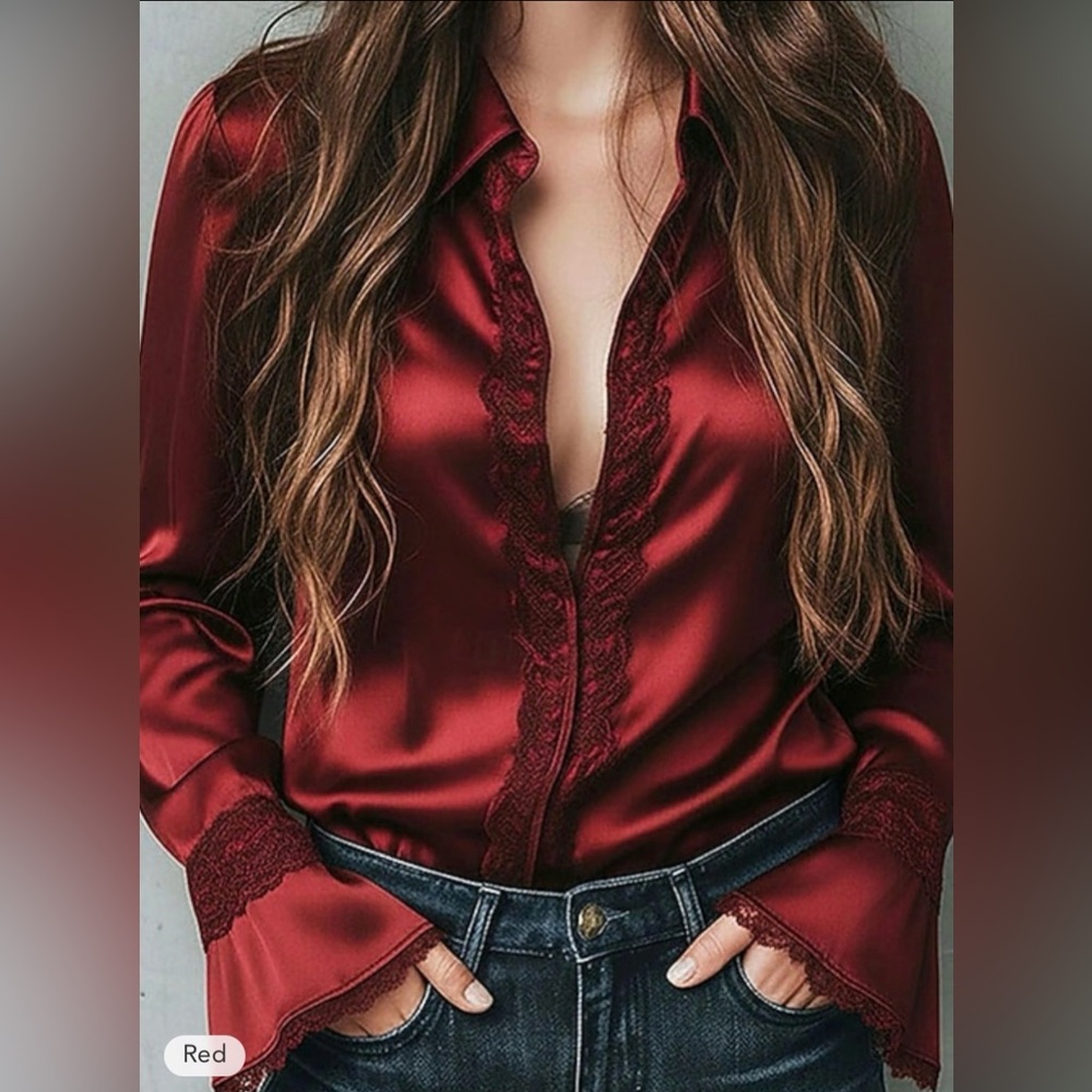 Satin Red Lace Trim Blouse - Women's Top